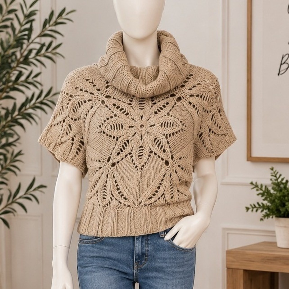 Moda International Womens Sweater Cowl Neck Pointelle Short Sleeve Tan Large